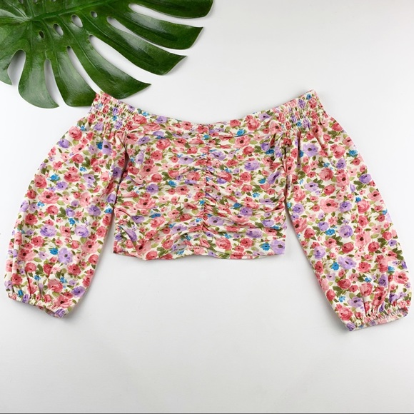 Forever 21 Tops - Forever 21 Floral Off Shoulder Crop Top Balloon Sleeves S